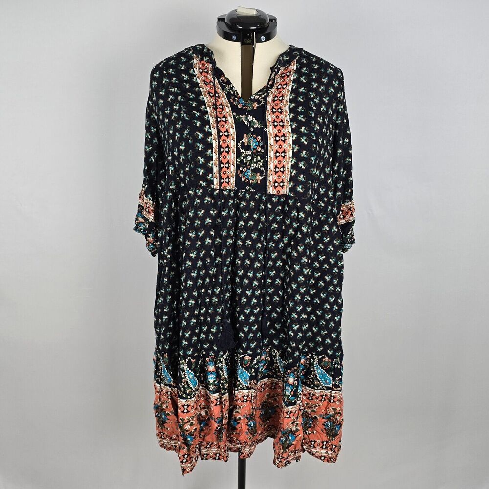 Bloomchic Midi Dress Bandana Tassels Keyhole Neck Indigo Floral Plus Size 1X NWT